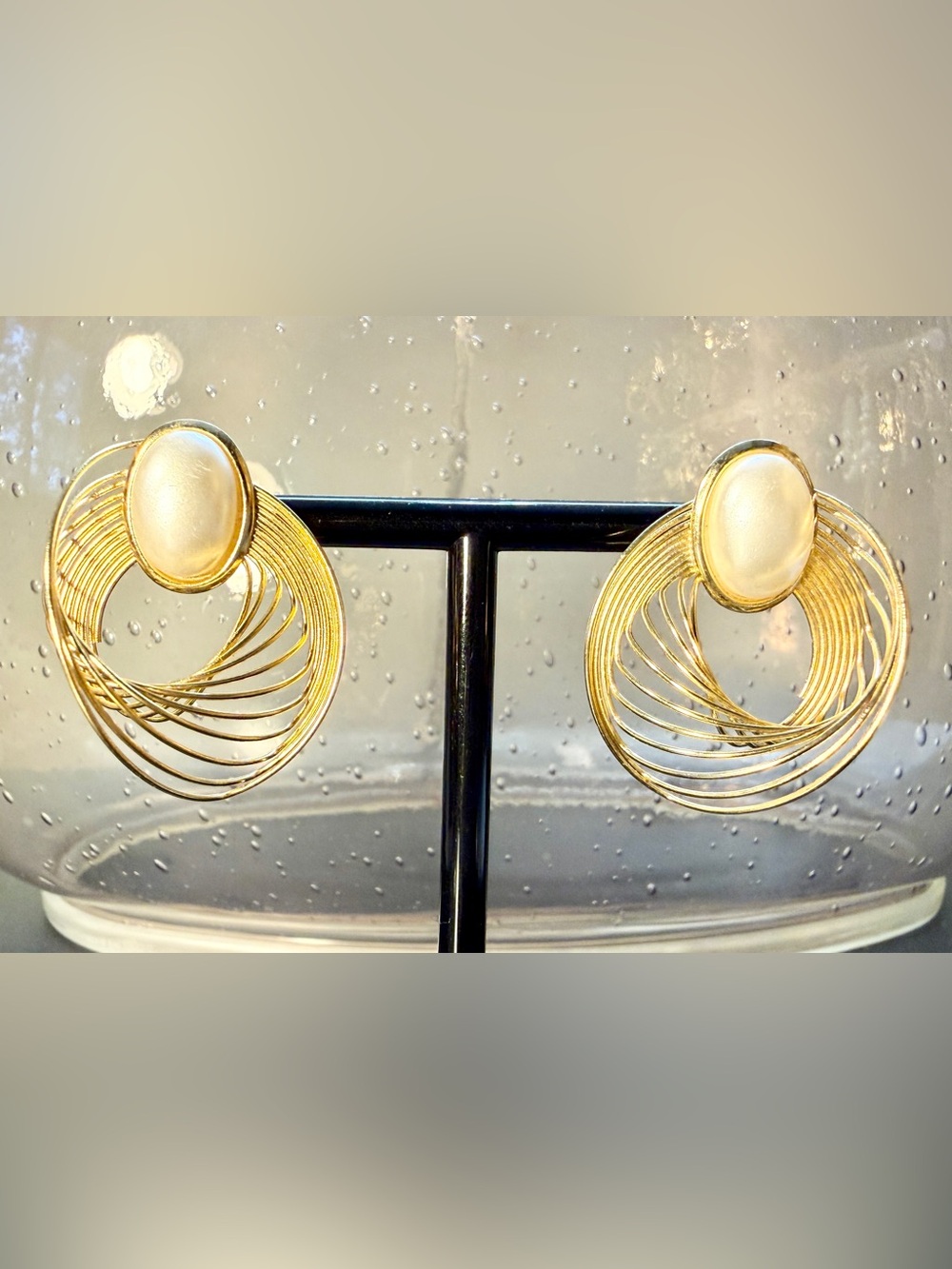 Vintage 1980s Gold Tone Abstract Wire Faux Pearl Statement Earrings